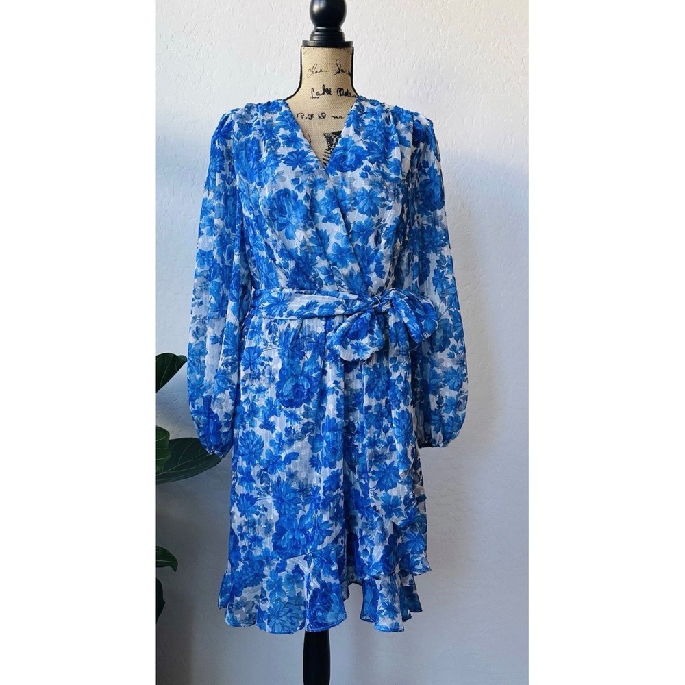 New Alex Marie Laurel Chiffon Dress 8 blue print v-neck belted LS